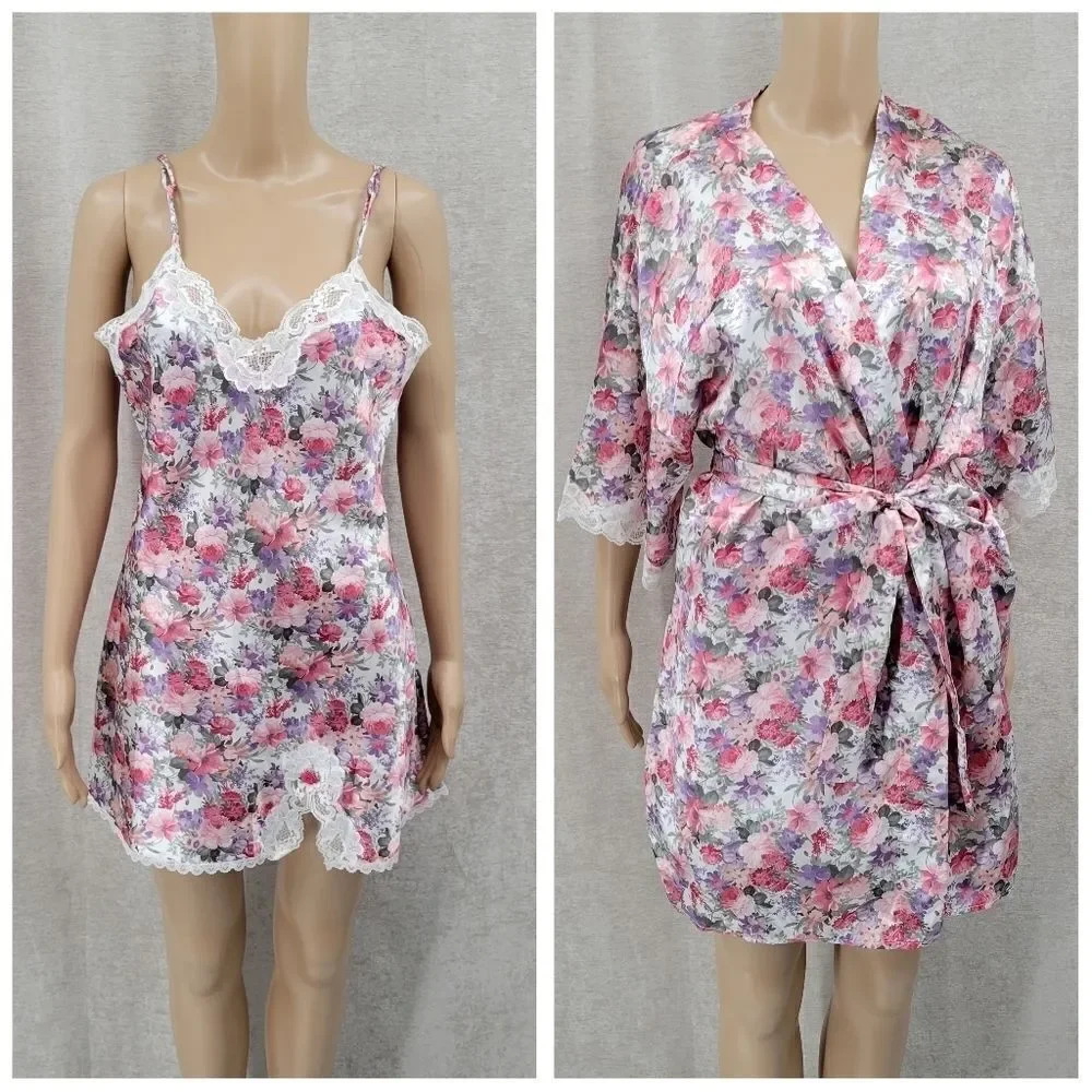 Floral Satin Lace Slip Dress Chemise Negligee and Matching Robe Set Pink